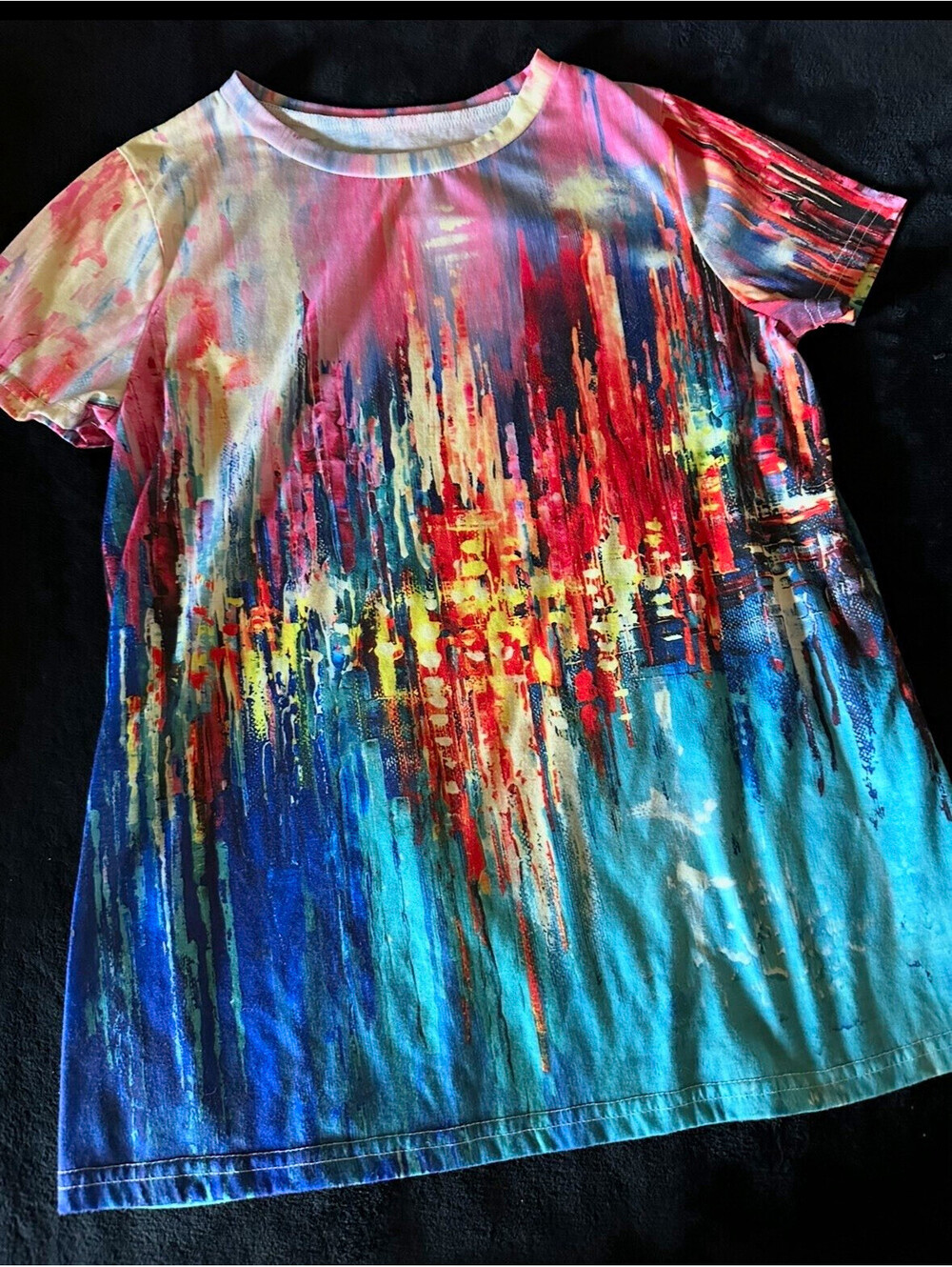 Women’s Multicolor Abstract Print Knit Polyester Round Neck Tee Short Sleeve M